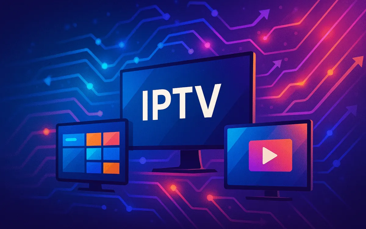 Digital streaming concept with monitors and network signals representing the best IPTV Canada services