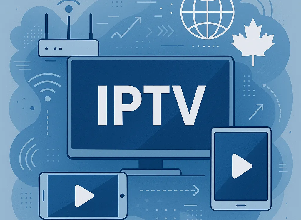 Abstract digital streaming concept representing IPTV technology in Canada with network signals and devices